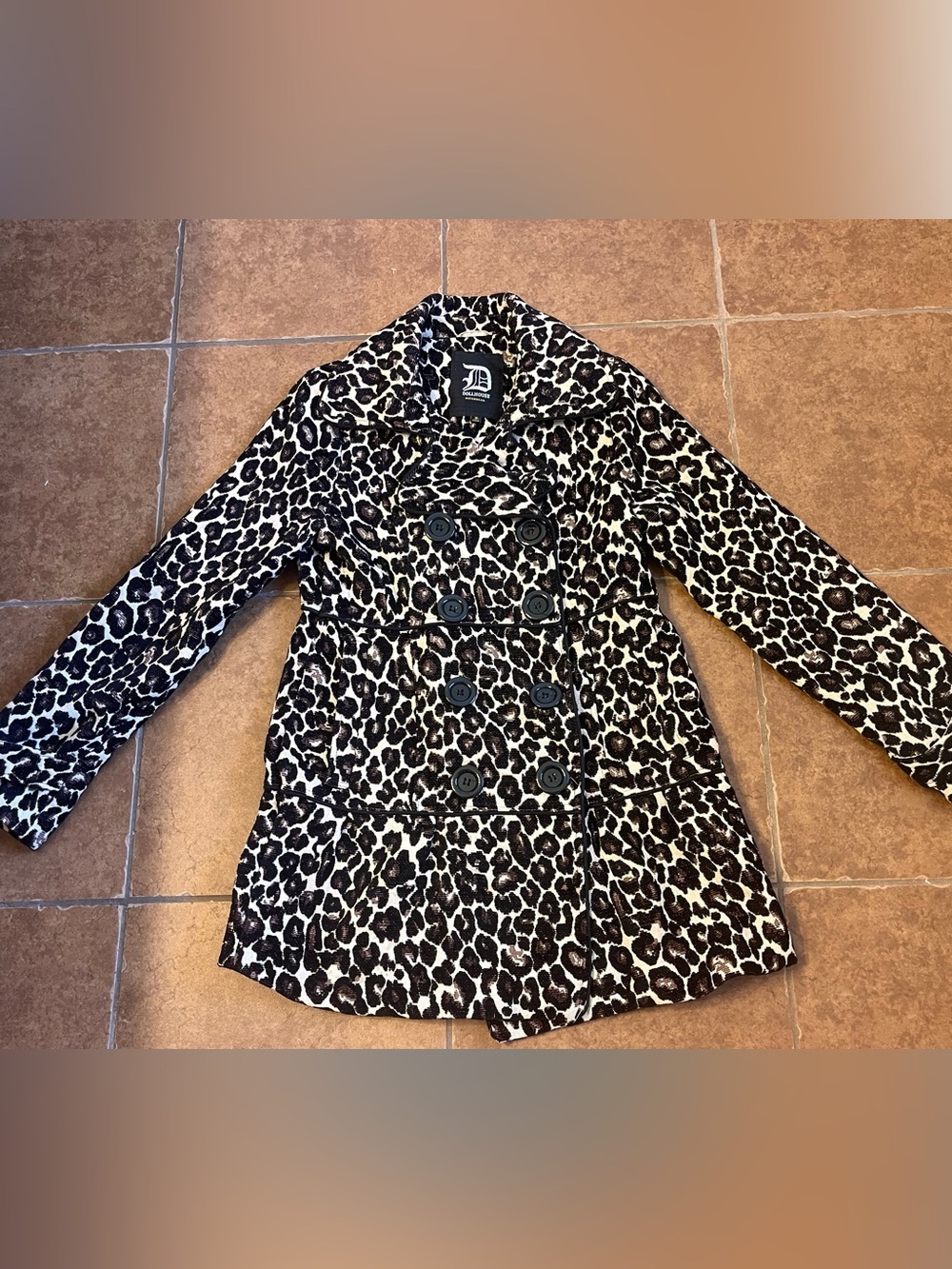 Dollhouse double breasted pea coat leopard print black and cream Women's Medium